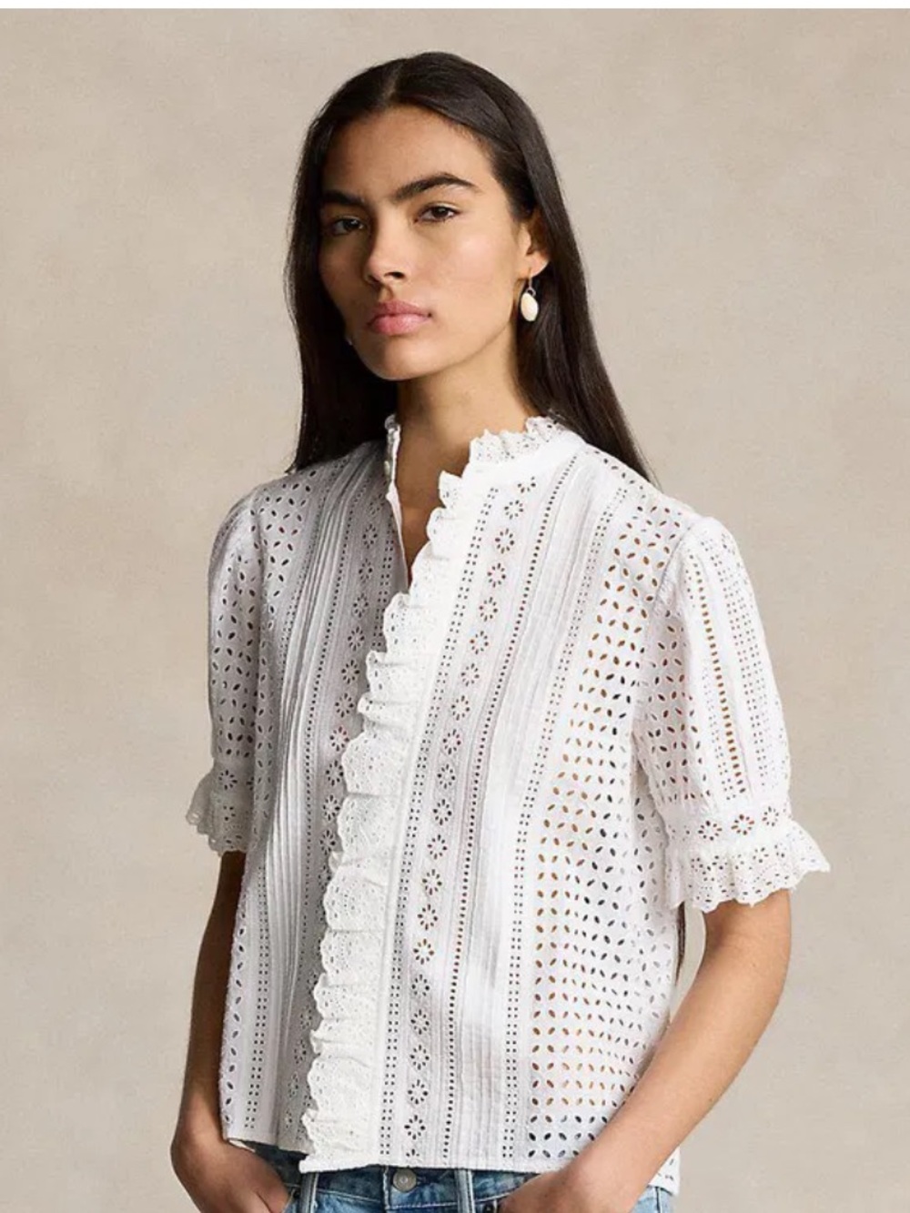 Polo Ralph Lauren White Eyelet Ruffle Trim Shirt Cottagecore Coquette Feminine